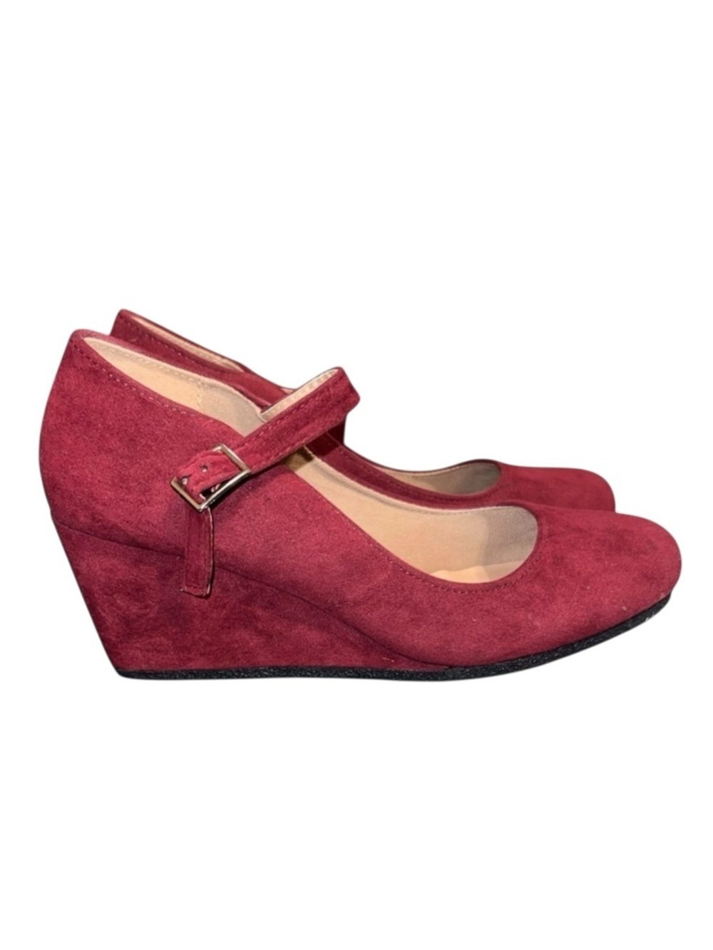 Guilty Heart Burgundy Faux Suede Mary Jane Wedge Shoes – 7